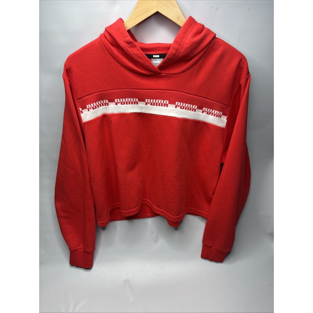 Puma Way Cropped Hooded Pullover Sweater Red Size L White Center Stripe